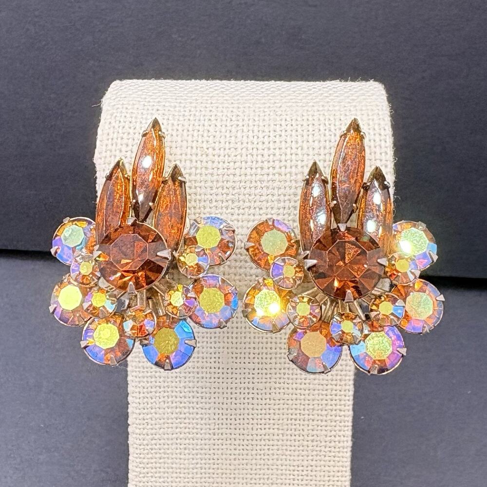 Vintage Amber Aurora Borealis Rhinestone Climber Silver‎ Tone Clip On Earrings